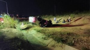 Car flips on Pattaya highway; driver, passengers escape injuries