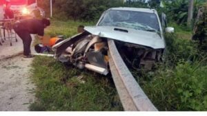 Family survives Lampang crash as guardrail impales pickup