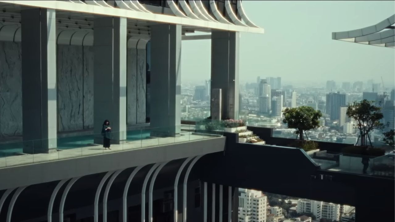 A scene from the series with the bridge of Origin Park Thonglor | Image is a still taken from the Alien: Earth trailer on YouTube