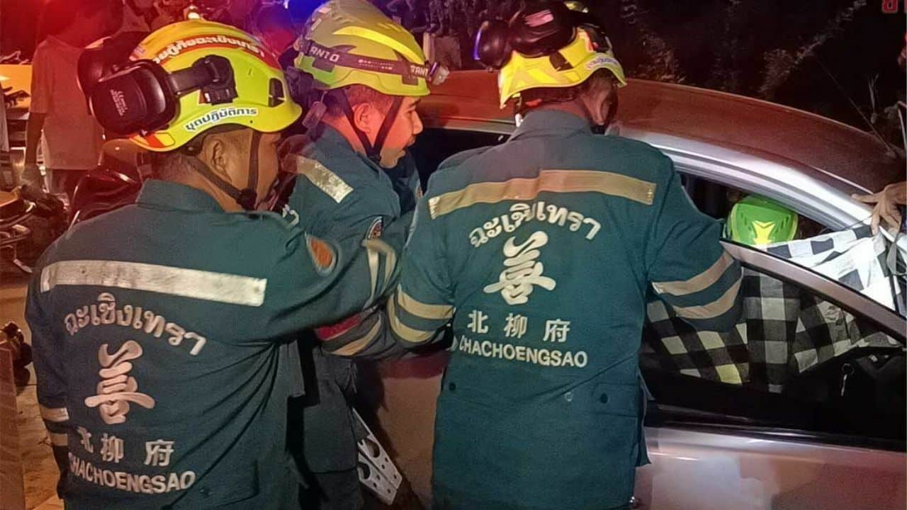 Nissan sedan crash in Chachoengsao leaves two critically injured