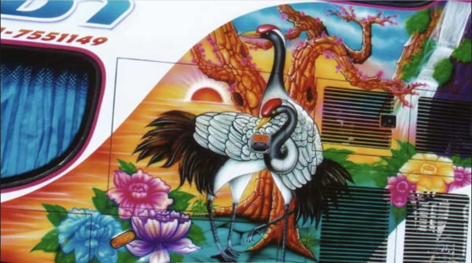 Colorful Chinese style cranes painted on Thai bus art
