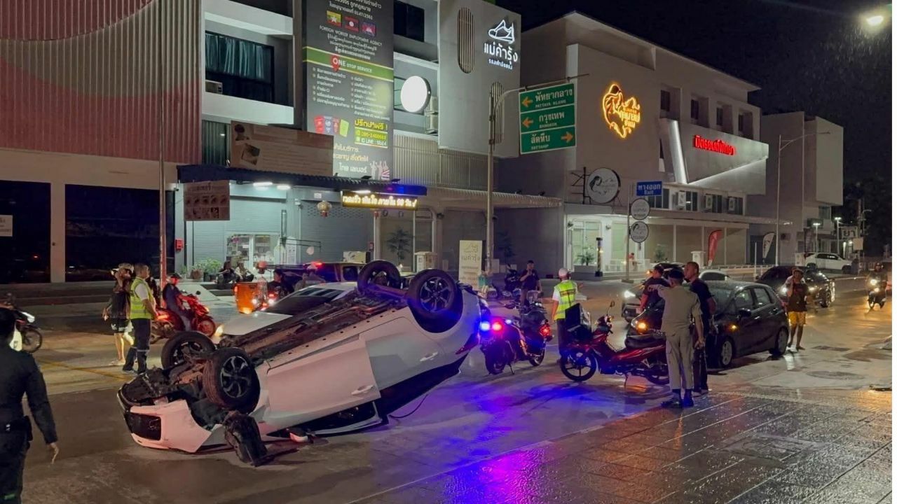Dozy driver flips car in late-night pile-up in Pattaya