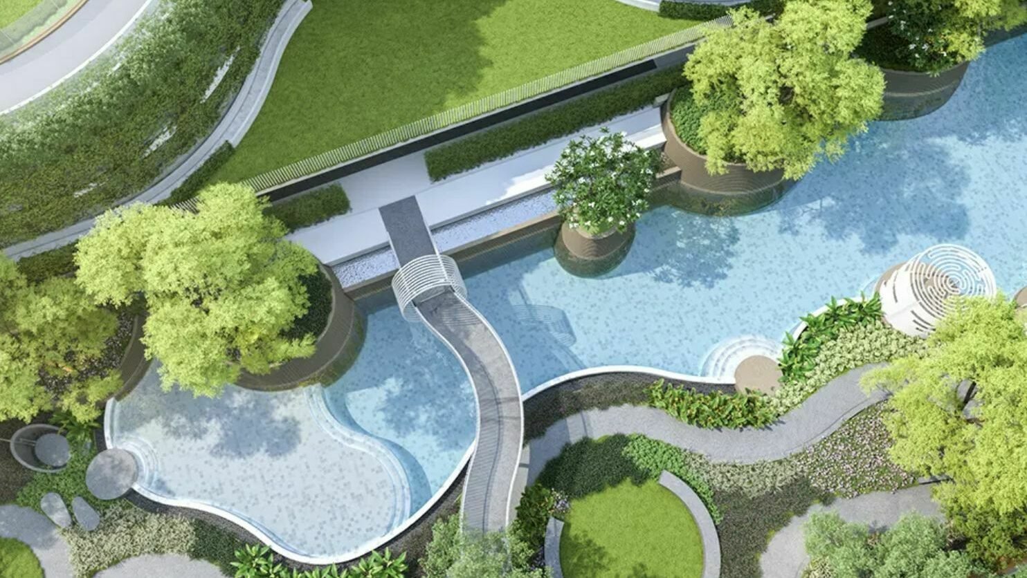 With US$80k, you can find a condo in Phuket that features a swimming pool surrounded by lush greenery
