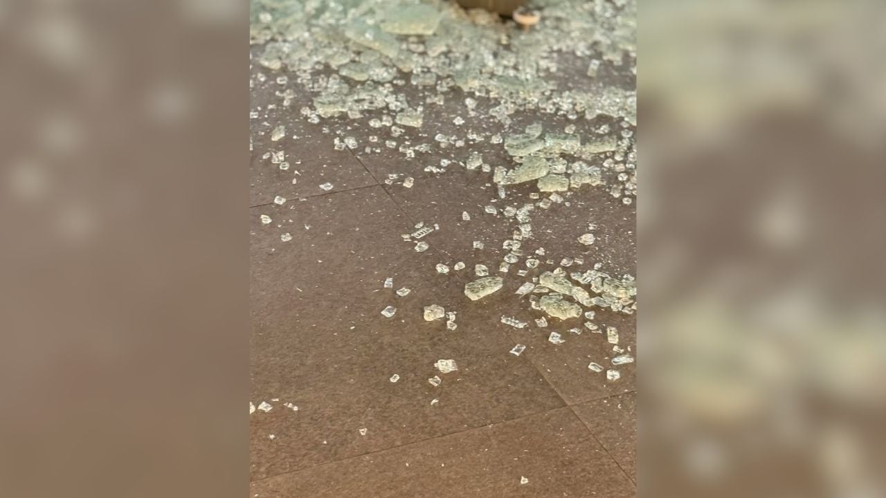 Shopping mall glass door shattered