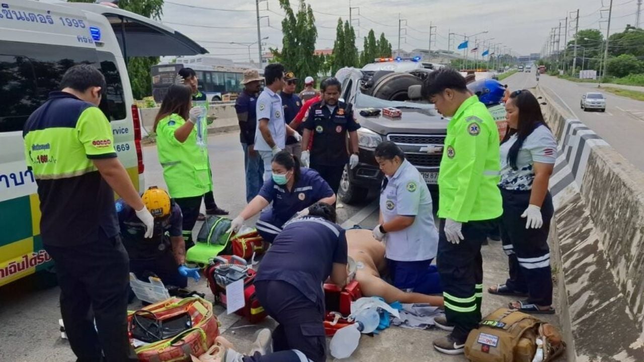Thai man seriously injured after truck wheel smashes his car