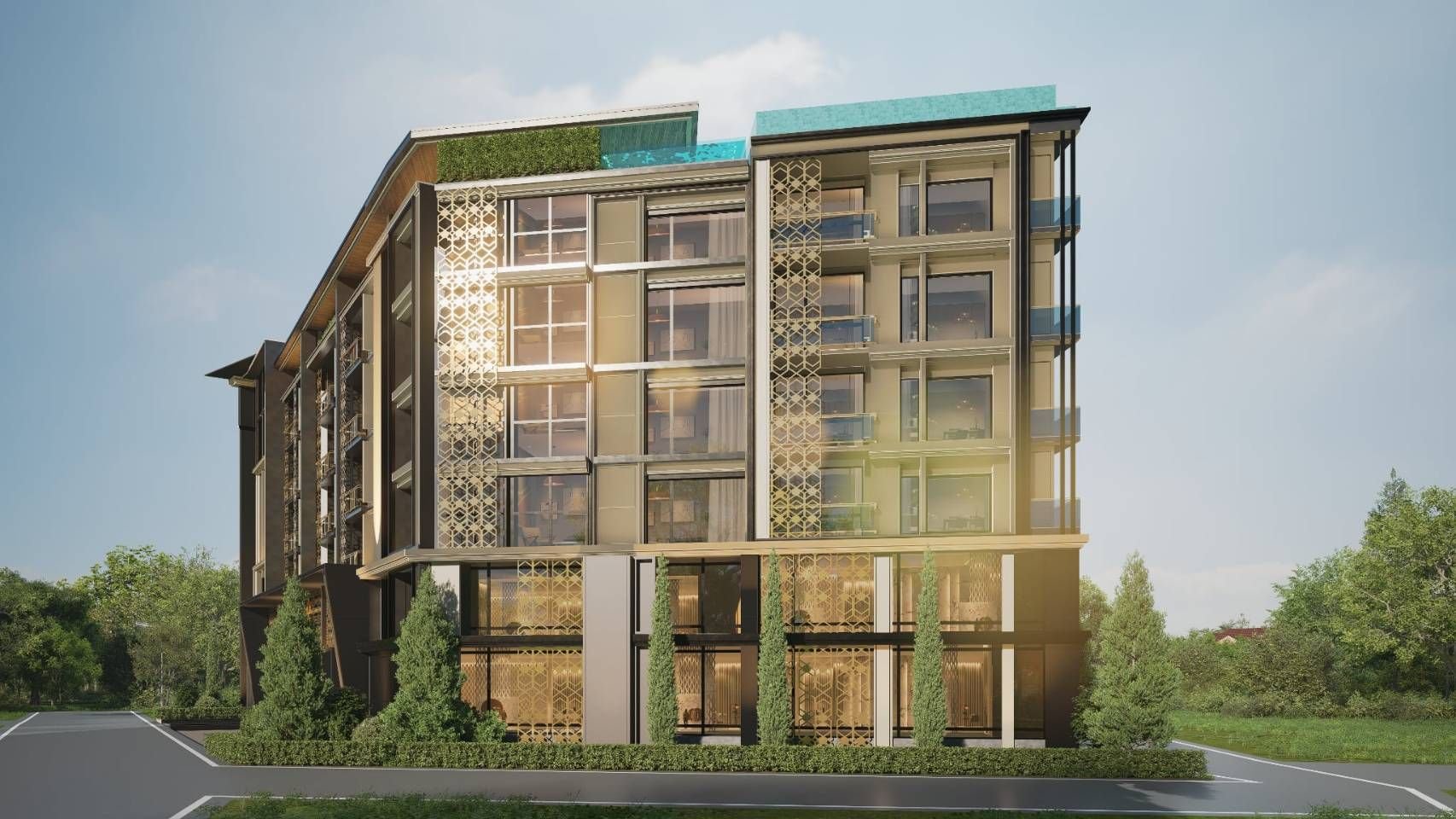 Moden low-rise condo with gold lattice facade and rooftop amenities in Bangtao-Pasak, Phuket