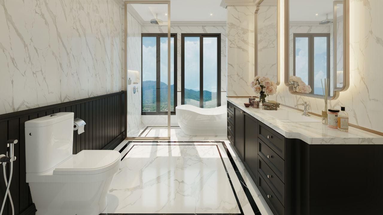 Luxury marble bathroom with bathtub and mountain views at 8 Atelier Residence Phuket