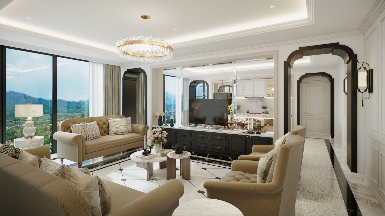 Luxurious Indo-Chine inspired living room at 8 Atelier Residence with custom furnishings and scenic mountain views