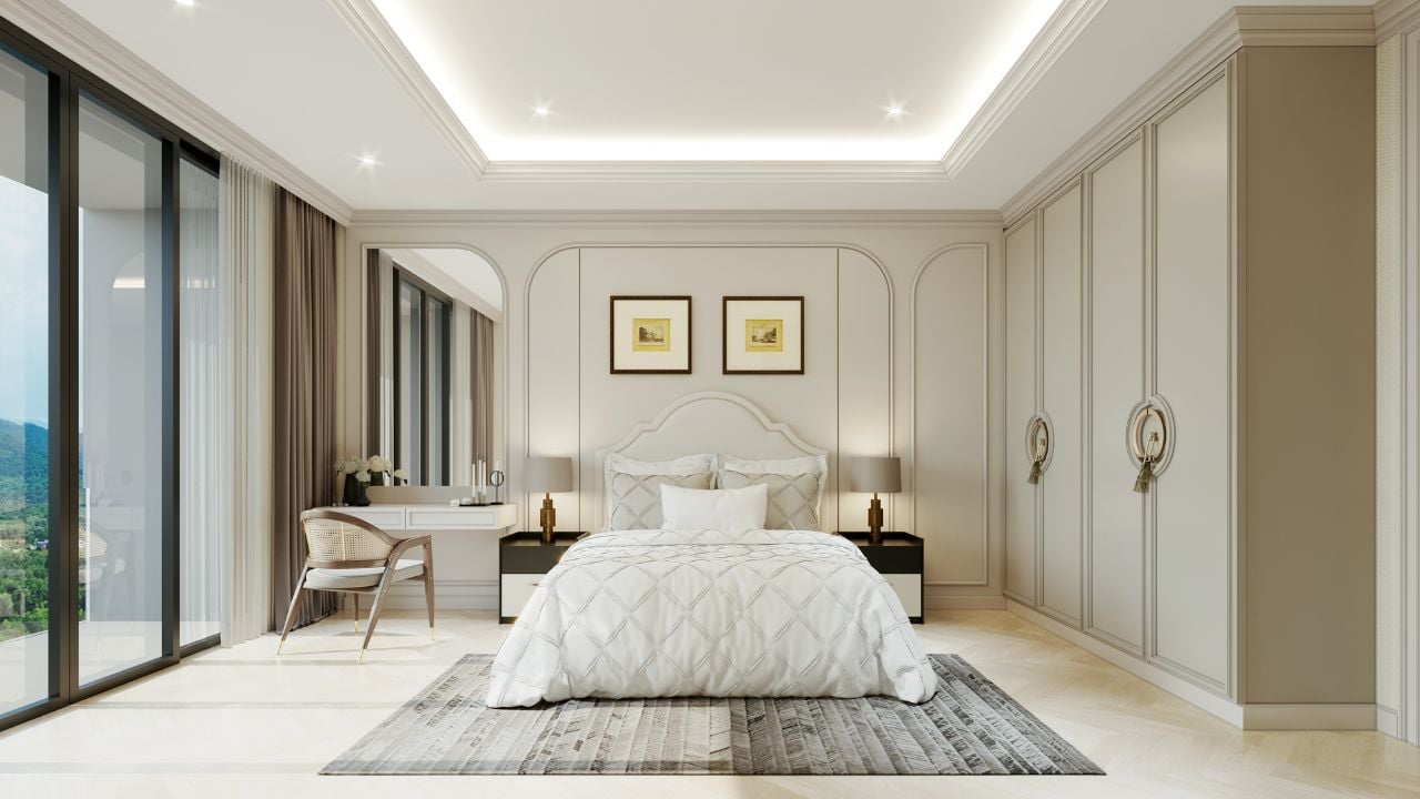 Spacious one-bedroom suite with elegant finishes and large windows.