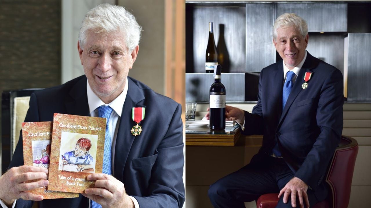 Enzo Peroni with his books (left) and posing with some wine (right); Note the cavaliere badge on his chest