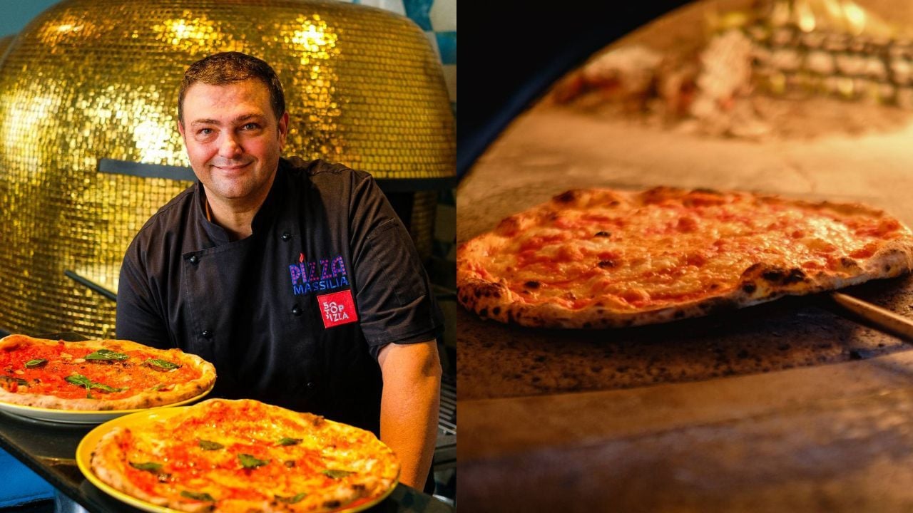 (Left) Chef Michele Fernando & (Right) A pizza being cooked in the oven