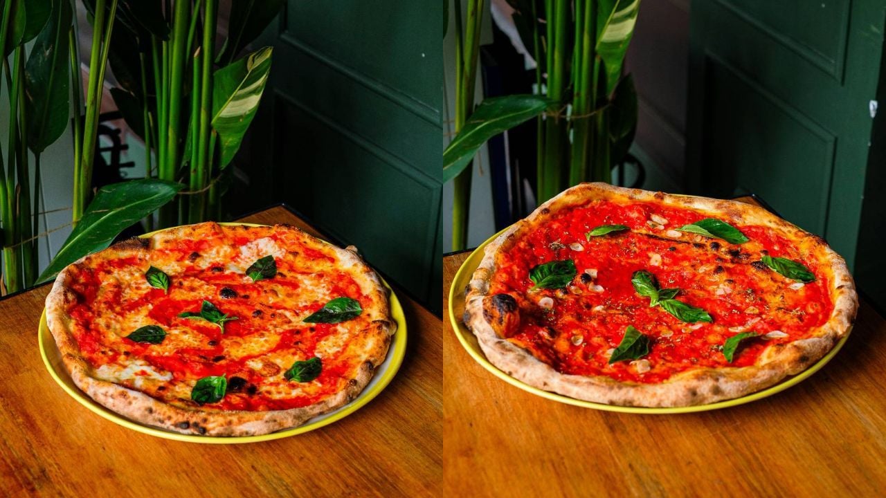 The pizza of the Carro di Ruota which are (left) Margherita and (right) Marinara