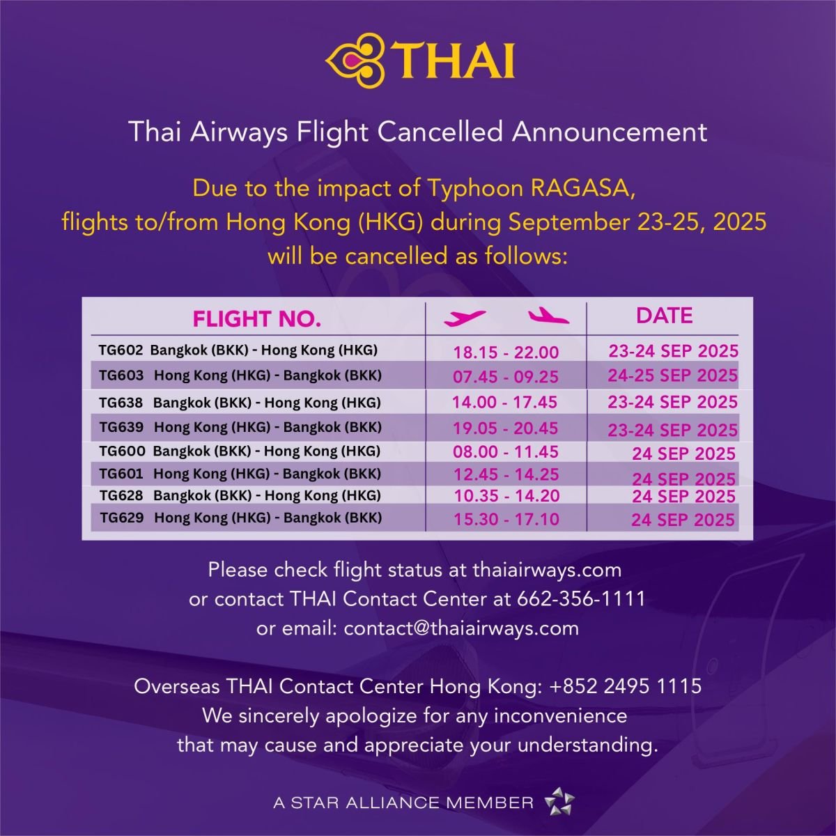 Thai Airways cancels Hong Kong flights as super typhoon hits | News by Thaiger