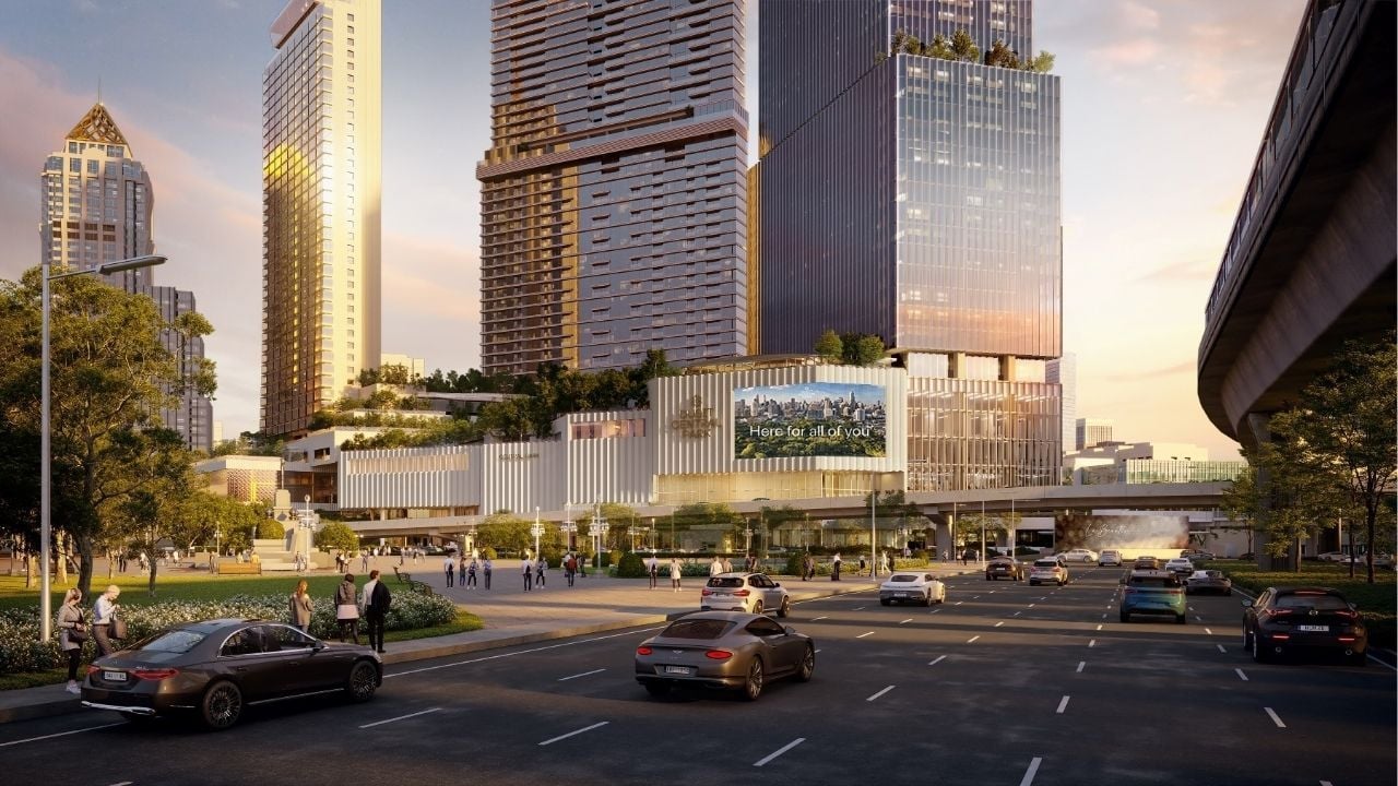 The concept illustration showing the architecture of all of the Dusit Thani buildings and the garden together in one area