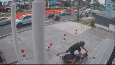 Foreign biker crashes head-on into Phuket showroom steps | Thaiger