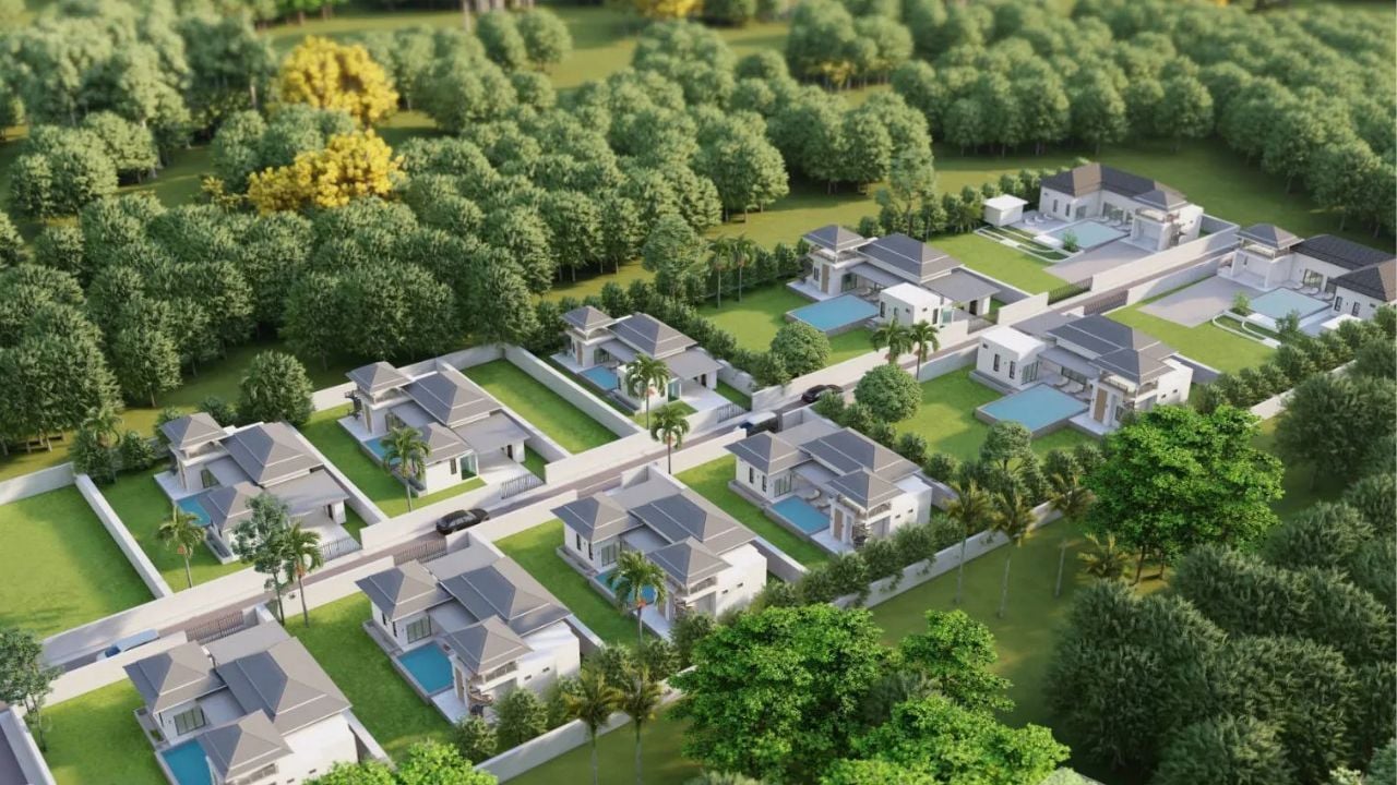Overhead view of render for Sri Nang Din, pool illa in Krabi