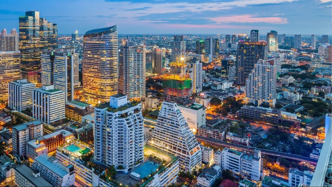 Aerial view of Bangkok city centre with modern condominiums and 1-bedroom apartments.