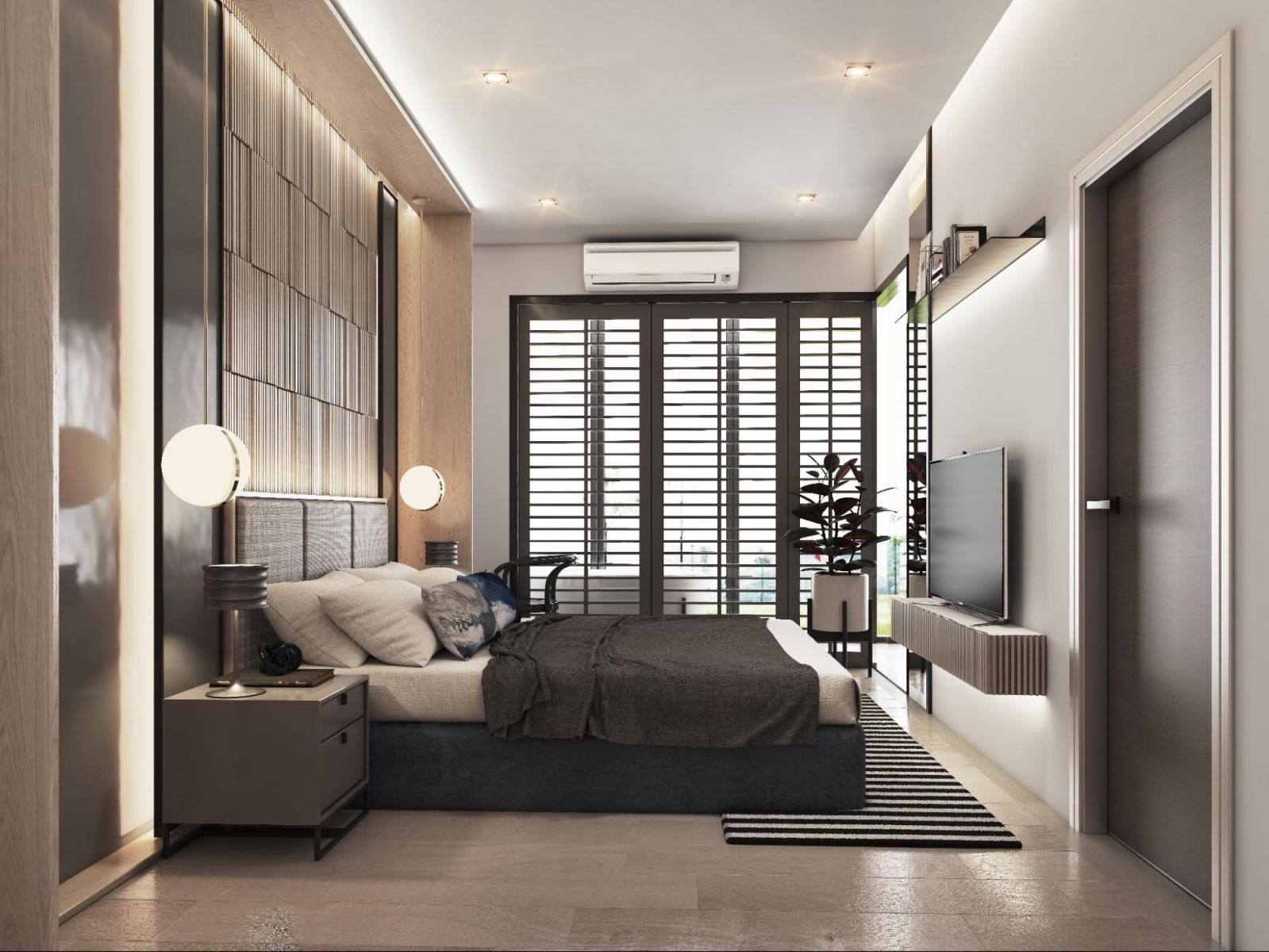 Contemporary bedroom at a luxury Pattaya condominium, featuring sleek interiors and natural light.