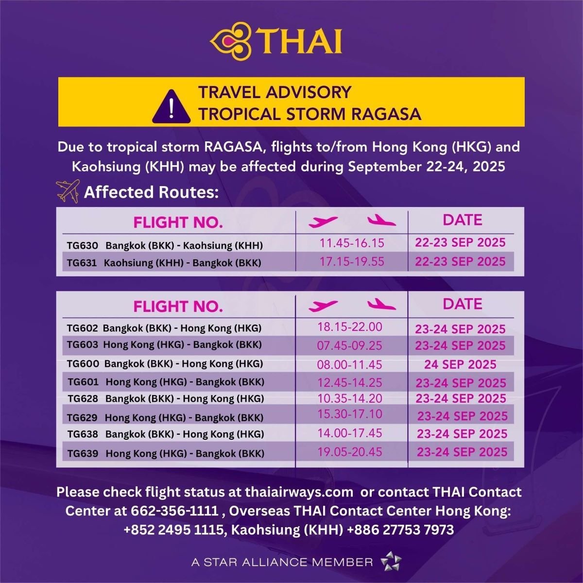 Thai Airways warns of flight disruptions due to Typhoon Ragasa | News by Thaiger