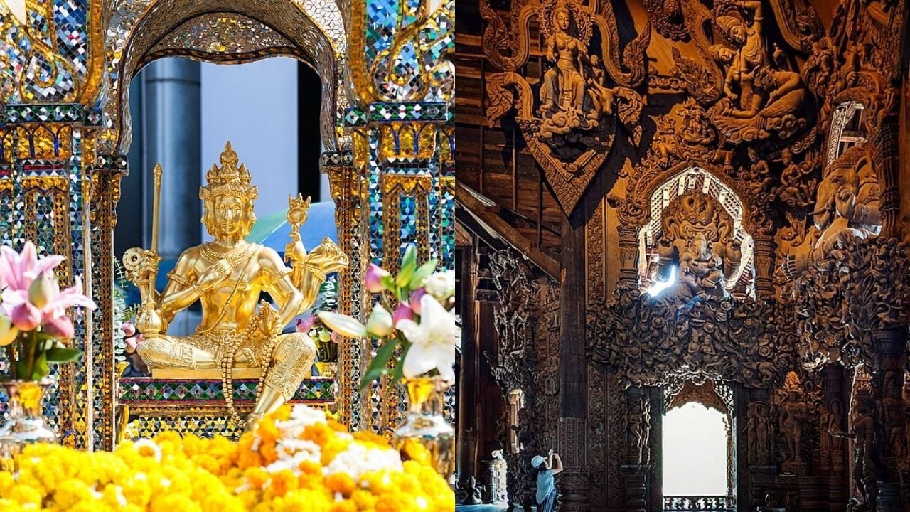 (Left) The Erawan Shrine in Bangkok & (Right) the interior of the Sanctuary of Truth in Pattaya | Respective images by Supanut Arunoprayote and Nvedi from Wikipedia