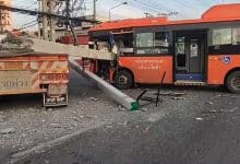 2 injuries reported after bus crashes into truck carrying concrete piles | Thaiger