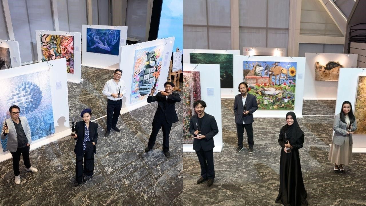 The winners of the 2025 UOB Painting of the Year competition, with (Left) Emerging Artists and (Right) Established Artists groups