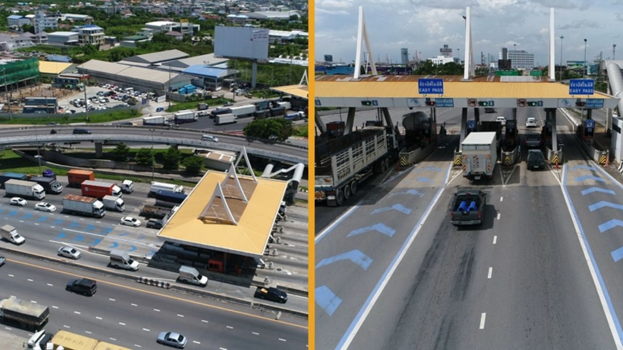 Aerial view of a busy expressway in Thailand showcasing toll road lanes.