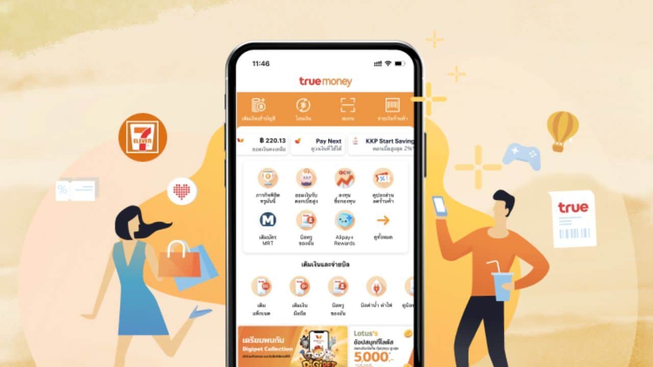 Illustration taken from TrueMoney that shows the TrueMoney Wallet features on the homepage and what you can pay for using it