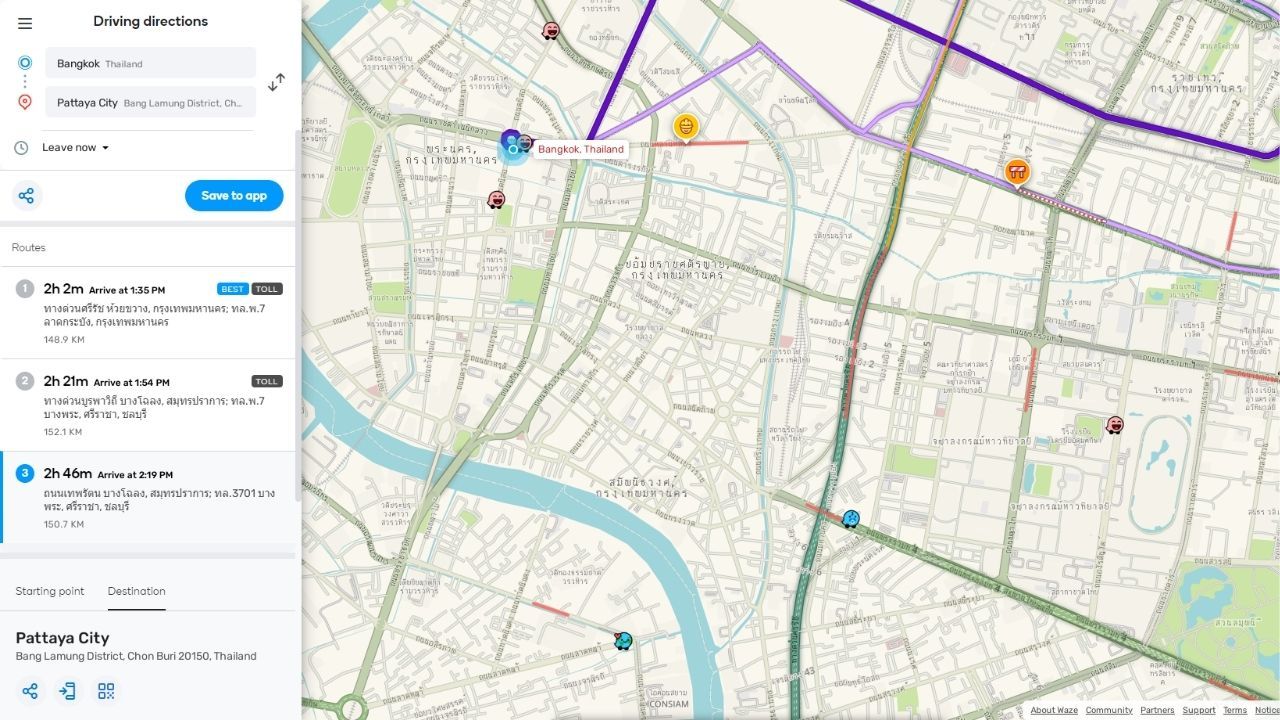 Navigation app screenshot showing traffic conditions on Thailand's toll roads.