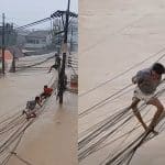 Viral video shows Thai men risking lives on wires during severe Hat Yai flood | Thaiger