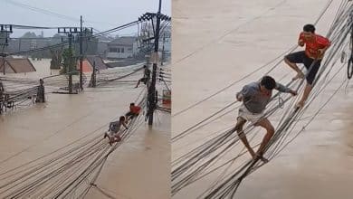 Viral video shows Thai men risking lives on wires during severe Hat Yai flood | Thaiger