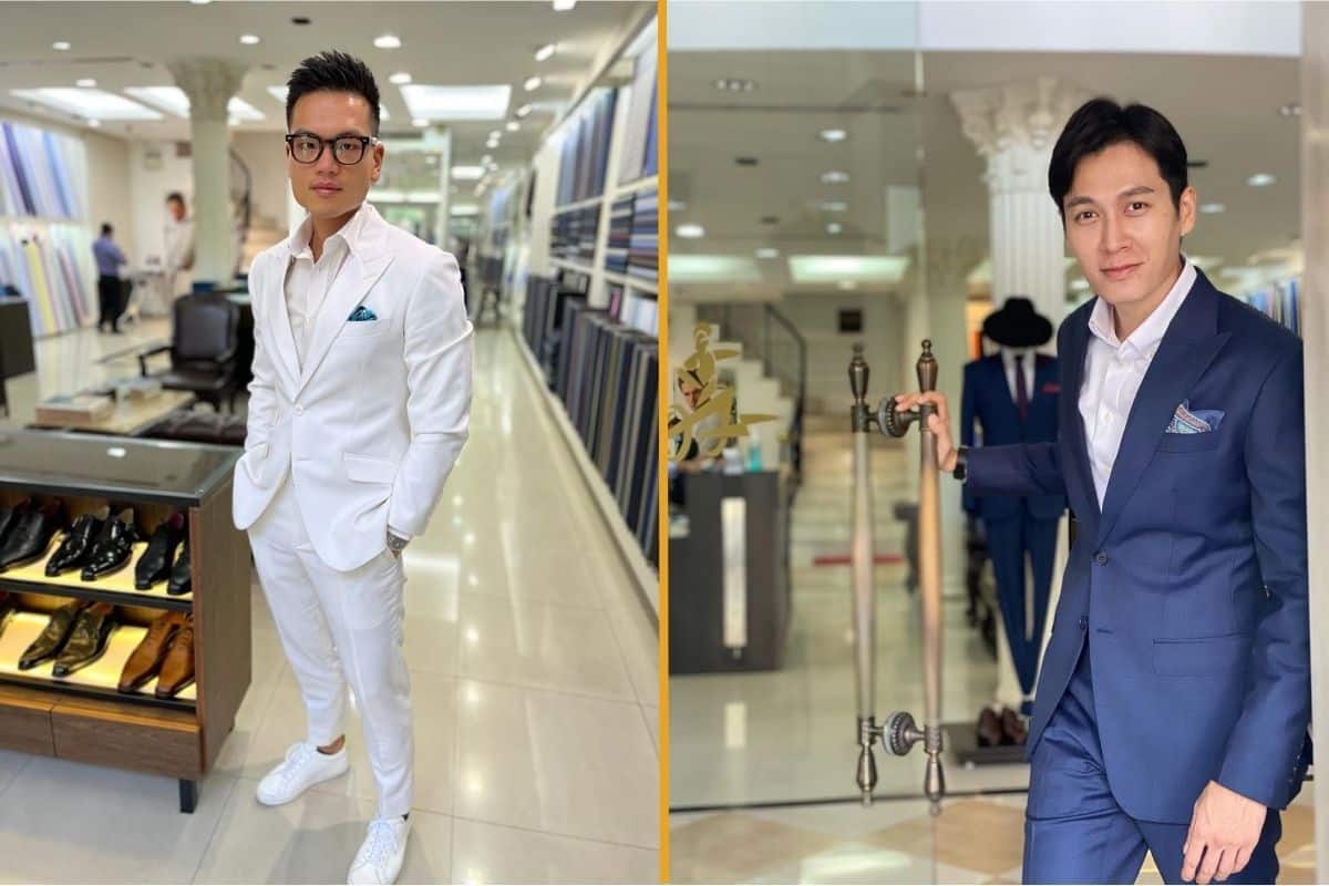 A satisfied client poses for a picture in their custom-made bespoke luxury suit.