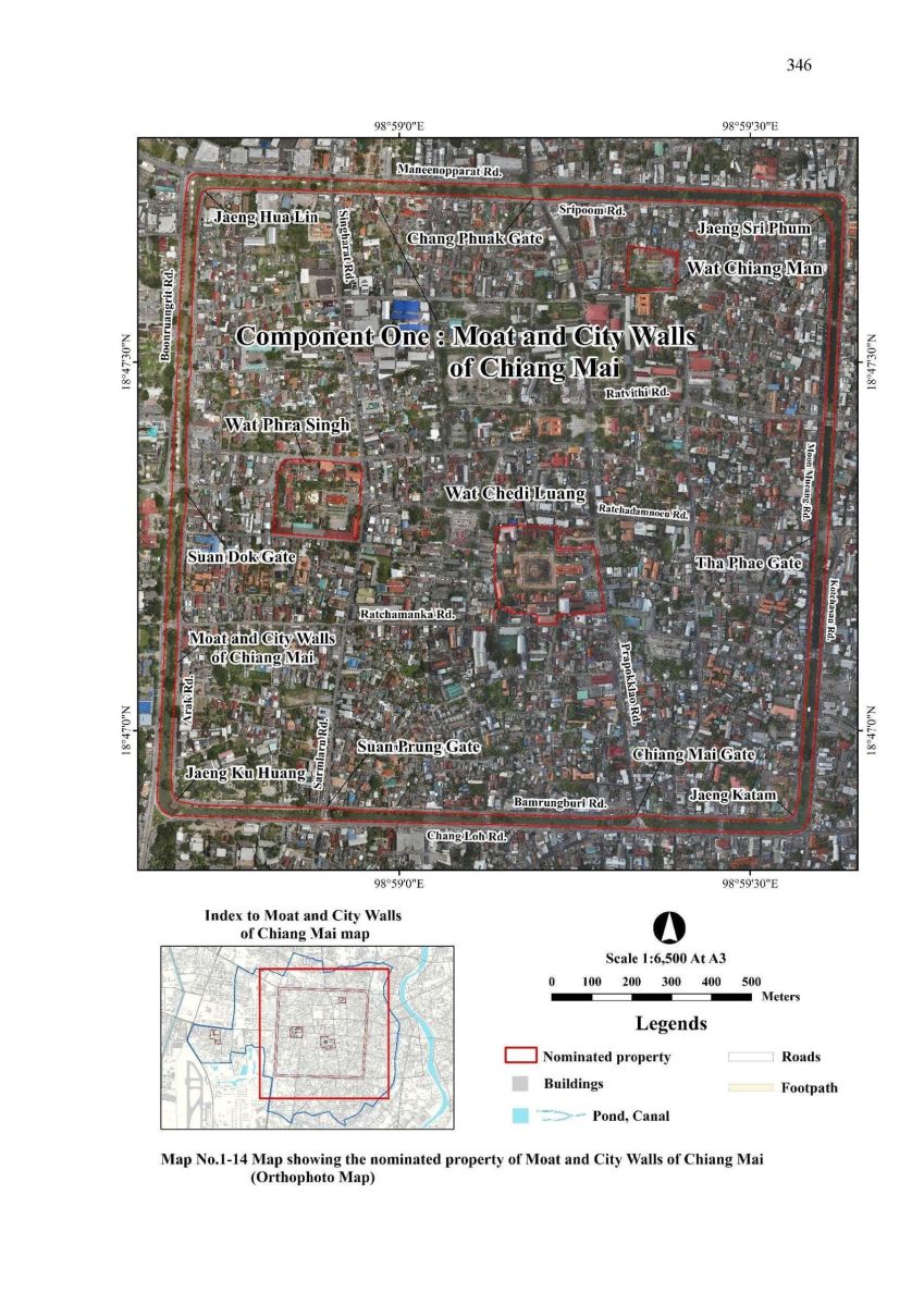 Orthophoto map showing the proposed UNESCO World Heritage site in Chiang Mai, including the historic moat and city walls