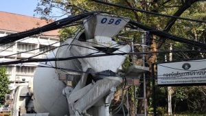 Cement mixer truck brings downs power lines, topples eight utility poles | Thaiger