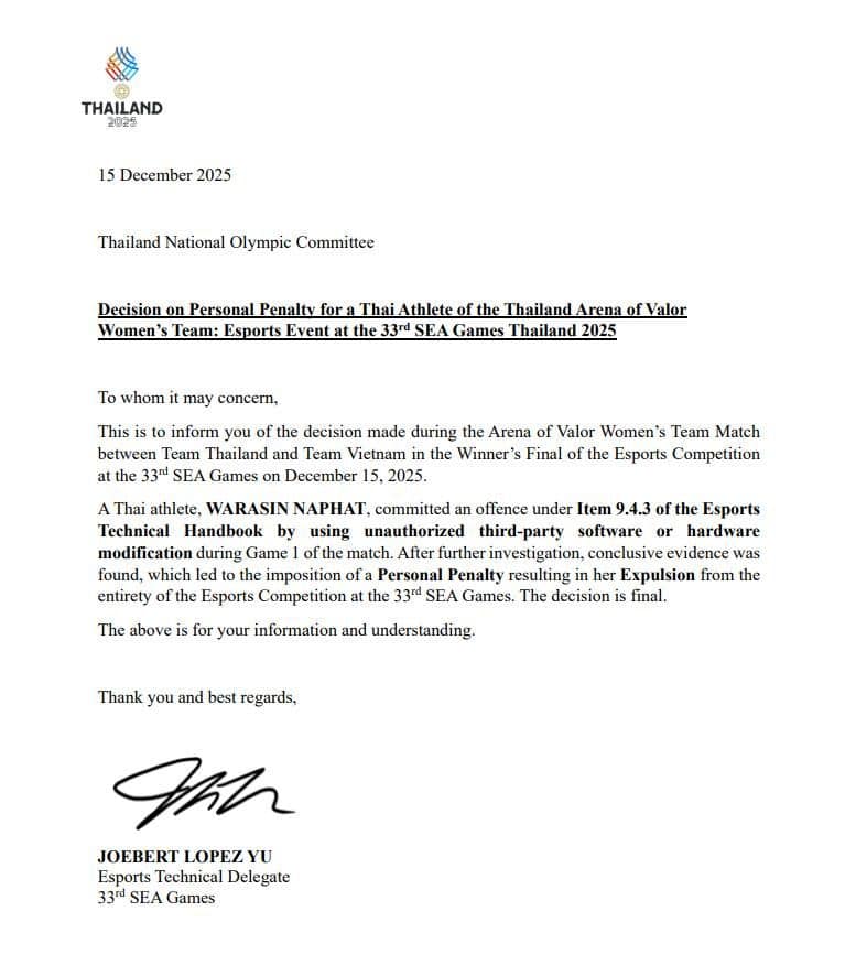 Official TESF notice announcing Tokyogurl’s removal from SEA Games RoV competition