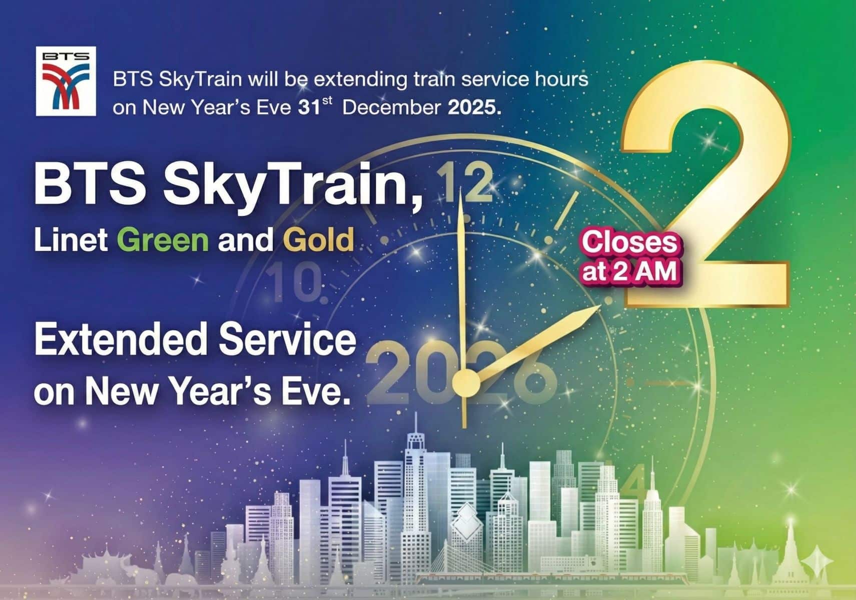 New year 2026: BTS-MRT last train schedule & free parking locations revealed | News by Thaiger