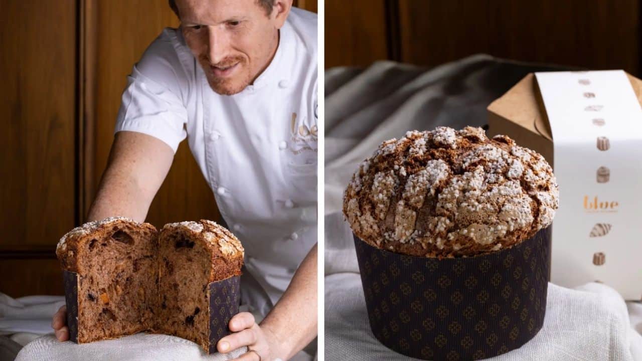 Rich Chocolate Orange Panettone featured in the Blue Festive Delights Collection, highlighting its luxurious ingredients.