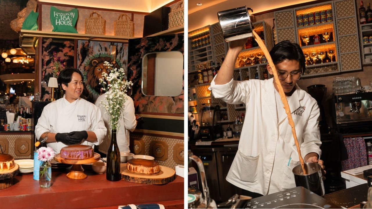Guests enjoy traditional Burmese tea-pulling during the Rangoon Tea House launch event.
