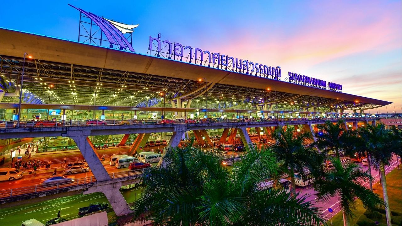 Entrance of Suvarnabhumi Airport, a major hub for flights in Thailand.