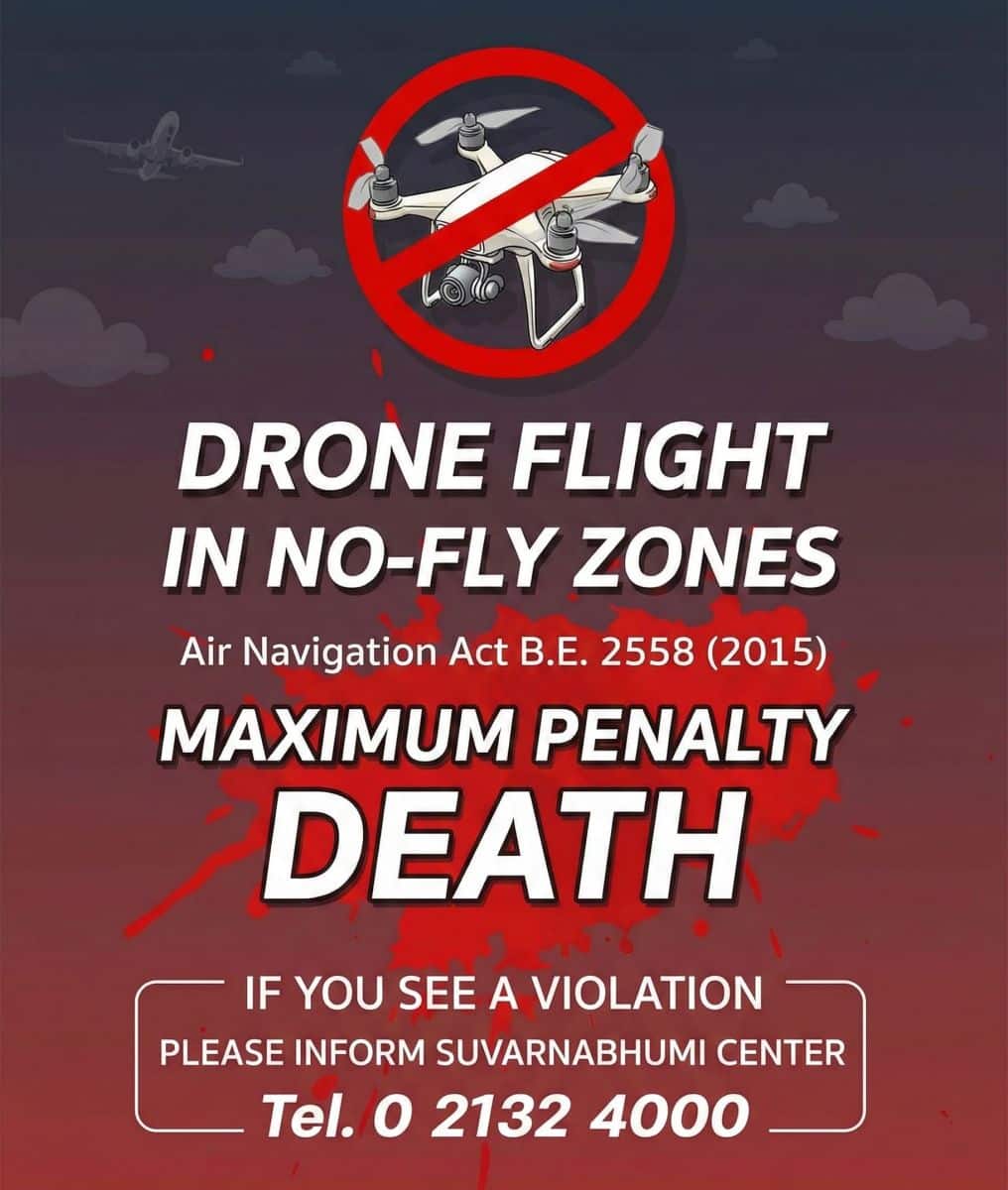 Infographic explaining Thailand’s Air Navigation Act 2015 and its maximum penalties for aviation threats