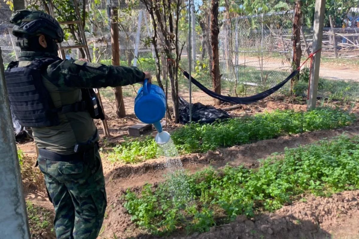A soldier waters plants during a community support operation in Thailand