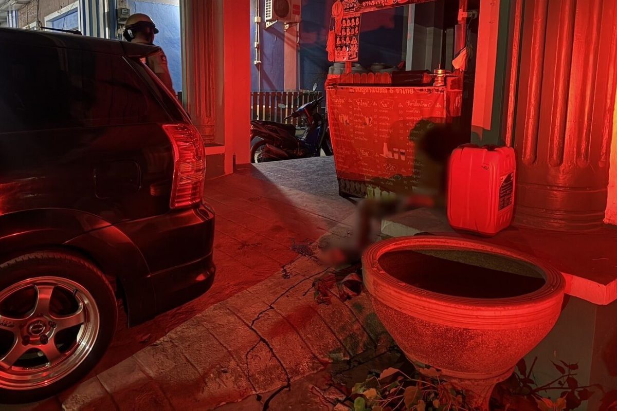 Broken glass and blood stains at the scene of a failed burglary in Chachoengsao, Thailand