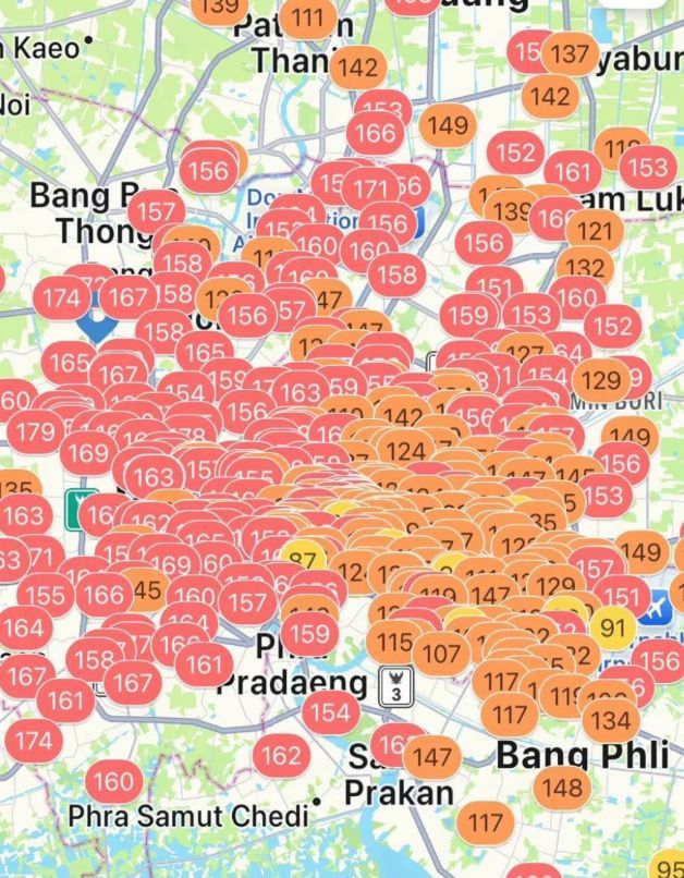 PM2.5 pollution map showing hazardous air levels across Bangkok