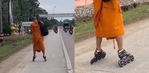 Thai monk sparks online debate after travelling on rollerblades in Phitsanulok | Thaiger