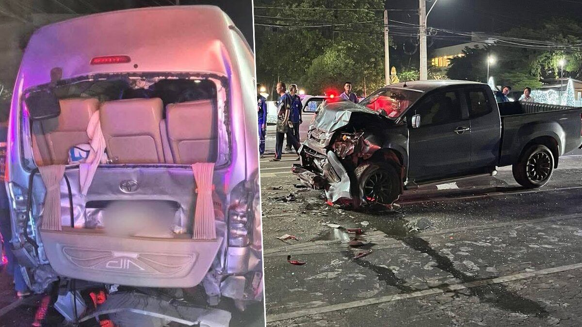 Pickup truck and van collision in Kanchanaburi kills driver, injures 13 | Thaiger
