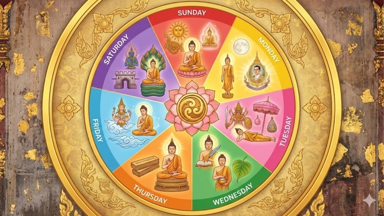A vibrant display of Thailand's lucky colours representing each day of the week and their meanings.