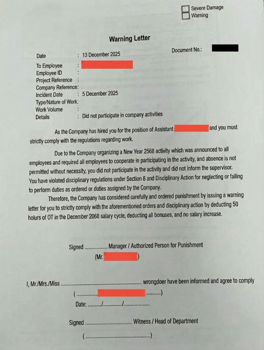 Translated disciplinary letter from Thai company warning employees about penalties for missing New Year party.