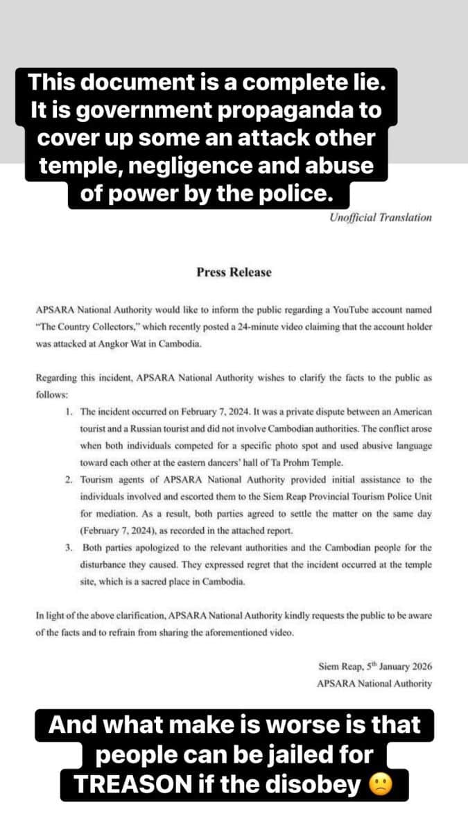 Official APSARA National Authority press release regarding Angkor Wat assault incident