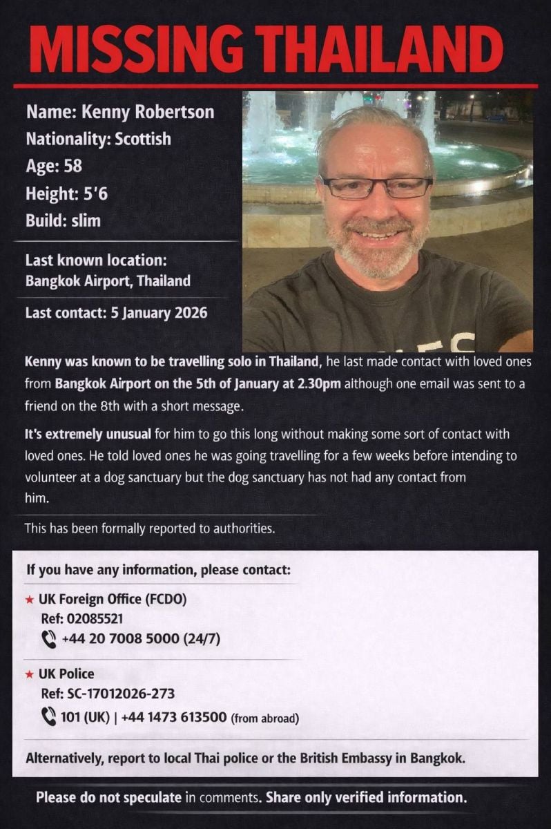 Scottish missing after arriving Bangkok