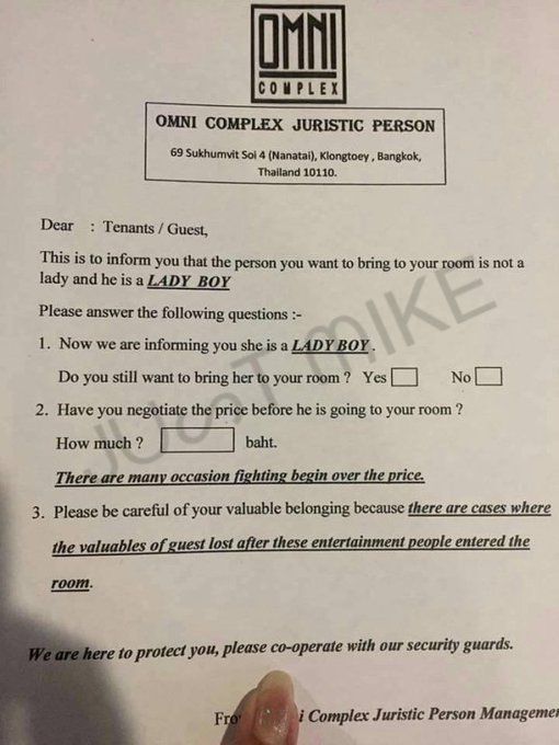 Ladyboy declaration form of Bangkok hotel